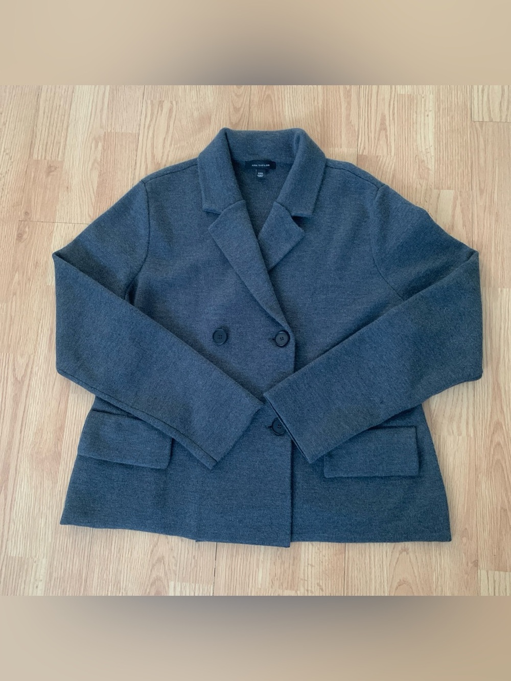 Ann Taylor charcoal gray sweater blazer merino wool buttons front pockets XXL